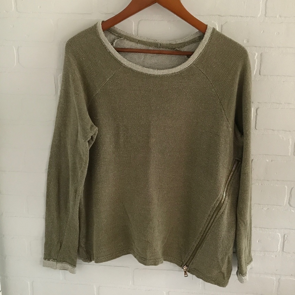 Women’s Sweatshirt Terry cloth Army Olive green Baseball Raw collar and wrists L